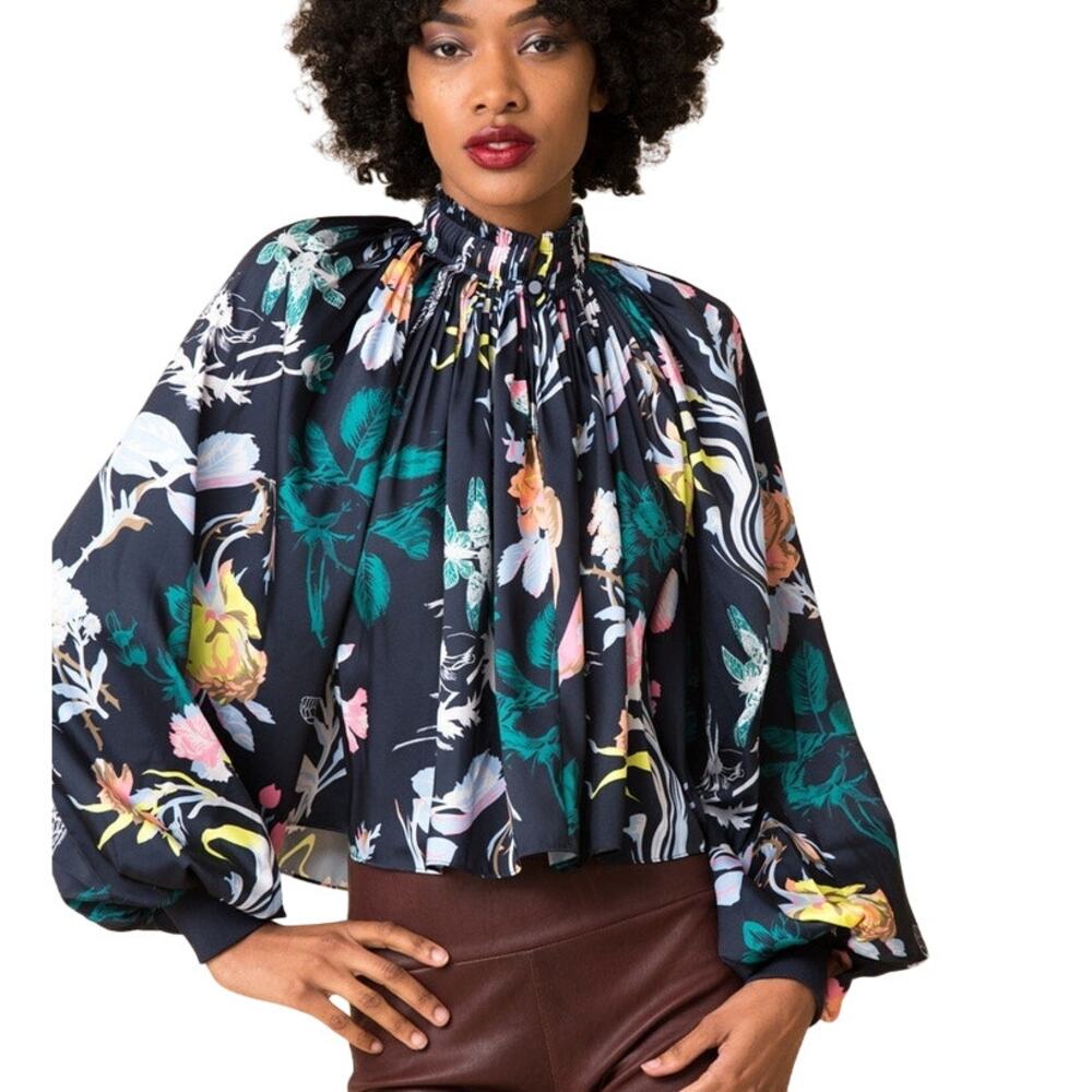 Tibi Gothic Edwardian Floral Print Long Sleeve Cropped Trapeze Blouse